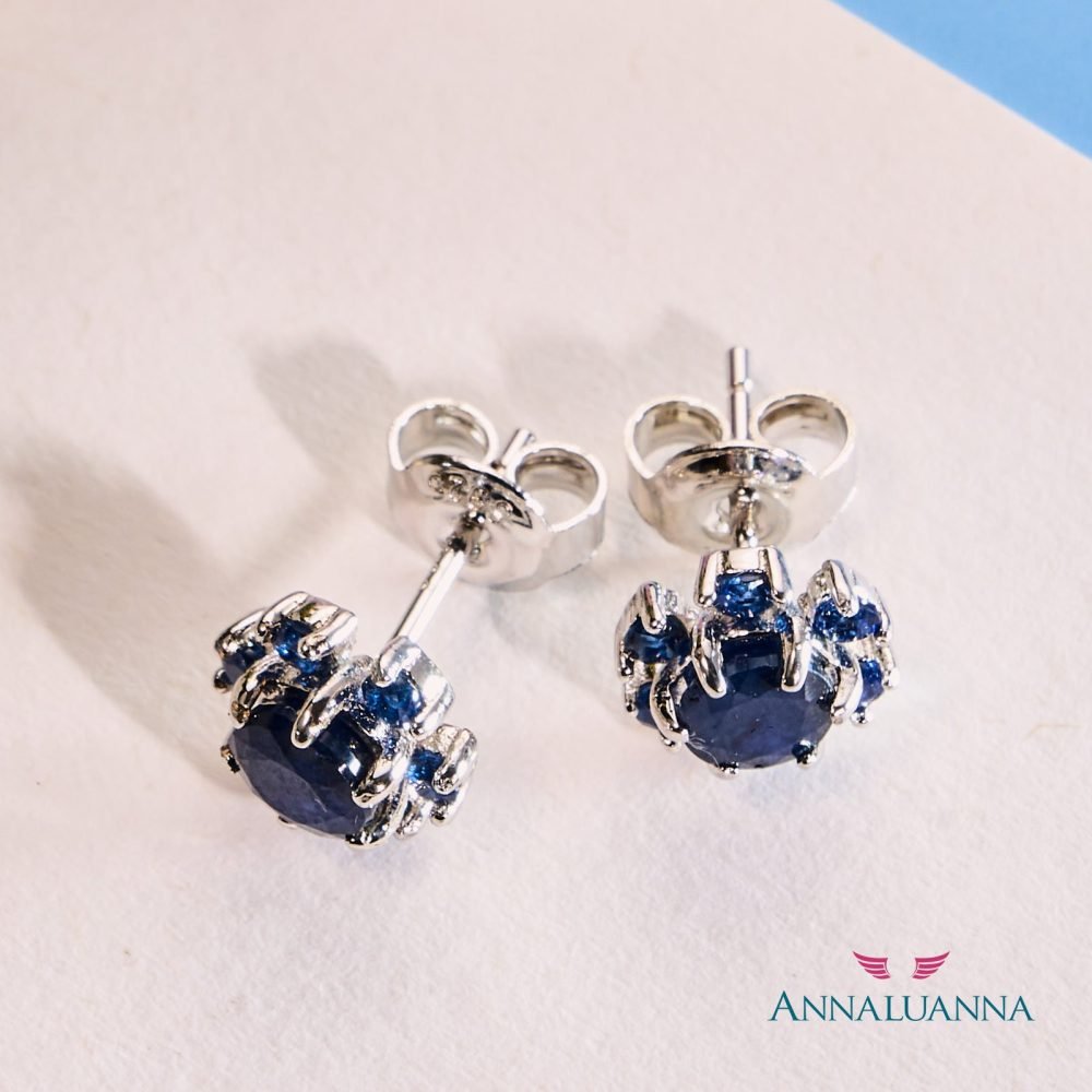 aretes de zafiro azul diseño flor en plata 925