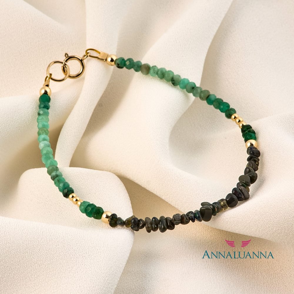 pulsera con esmeralda y opalo etiope con gold filled de 14 kilates