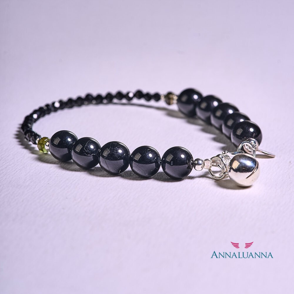 pulsera con turmalina negra y llamador de ángeles con plata 925
