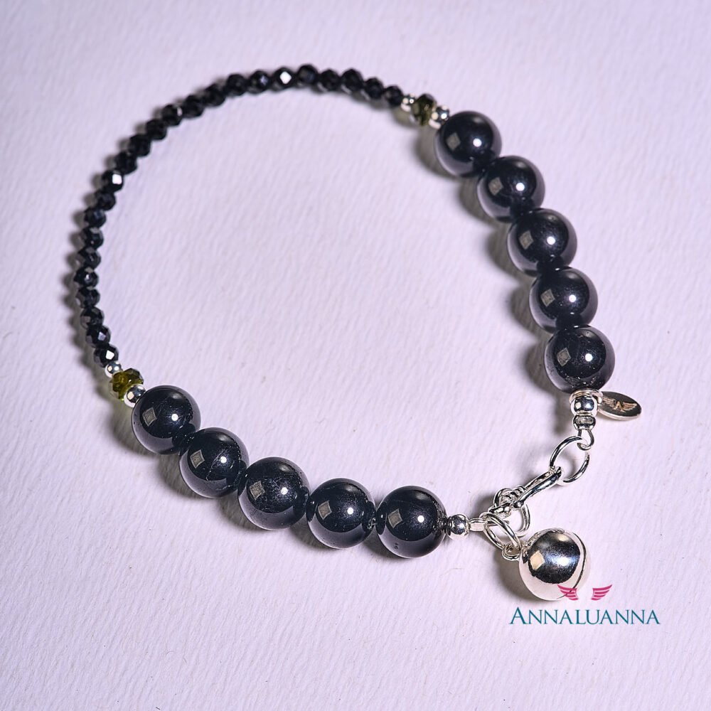 pulsera con turmalina negra y llamador de ángeles con plata 925