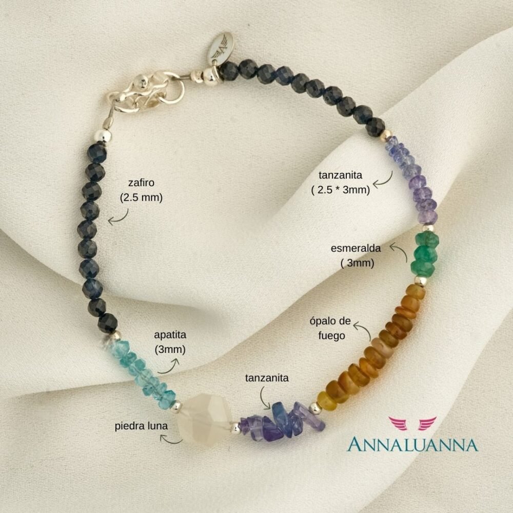 pulsera multipiedras autora, hecha con tanzanita, zafiros, piedra luna, apatita y opalo de fuego, hecha a mano, realmente hermosa