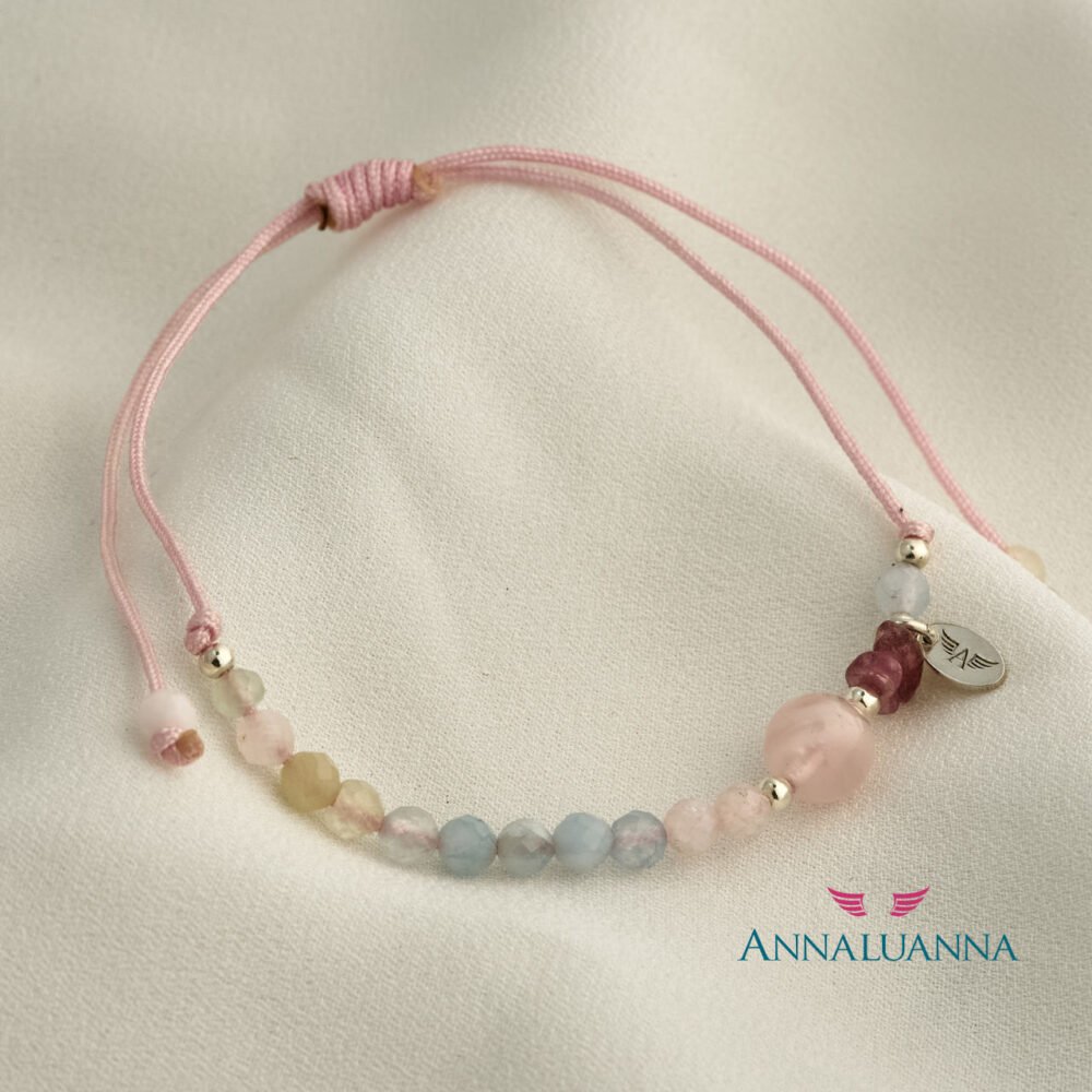 pulsera hilo con aguamarina, cuarzo rosa y turmalina rosa