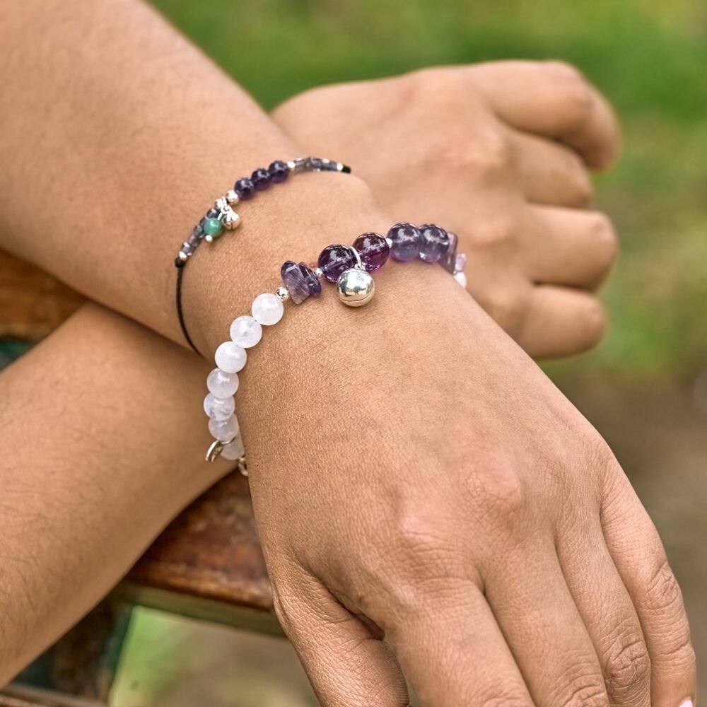 pulsera mini llamador de ángeles con amatista y cuarzo rosa, plata 925