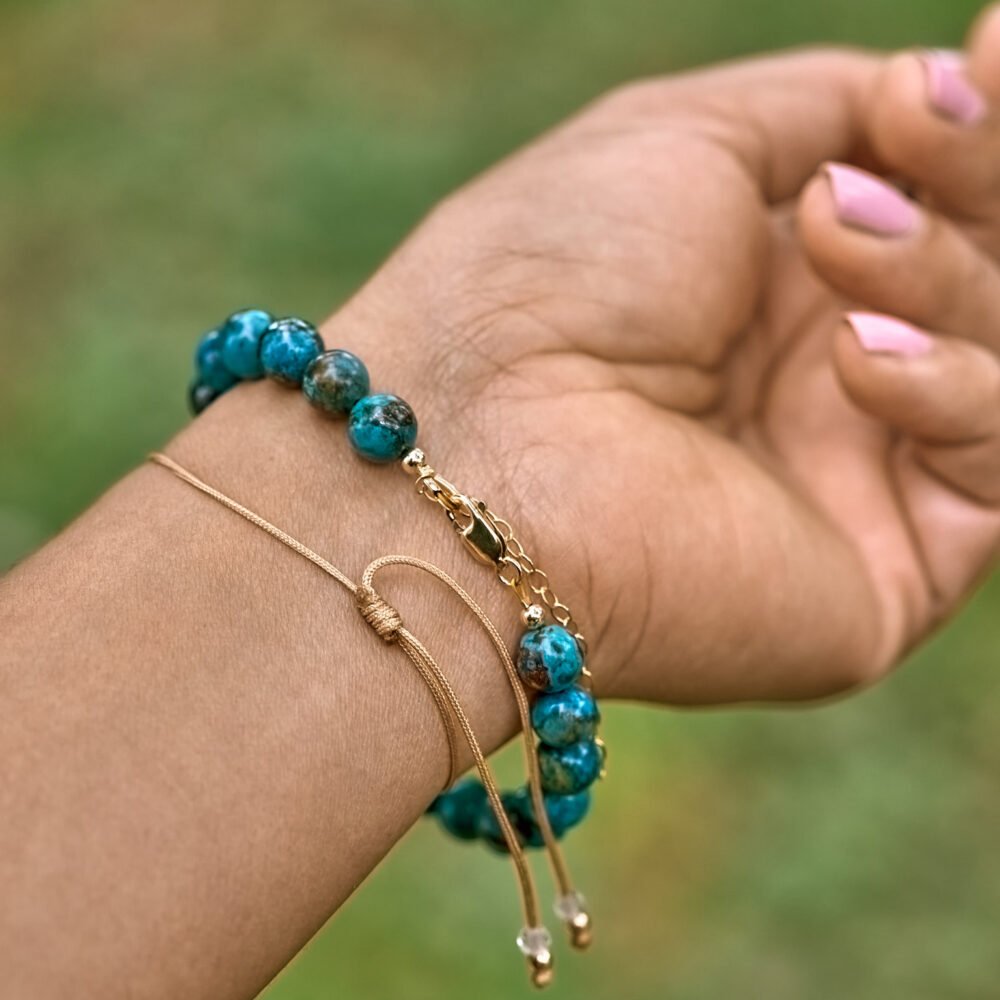 pulsera con crisocola peruana, perla cultivada, ópalo etíope de fuego y gold filled 14 K