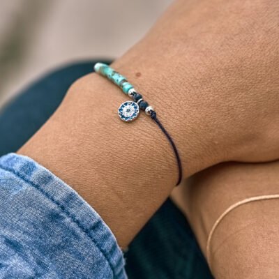 pulsera hilo con turquesa, zafiros y ojito turco en plata 925