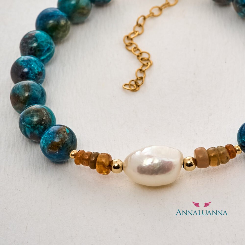 pulsera crisocola peruana con ópalo de fuego y perla cultivada con gold filled 14K