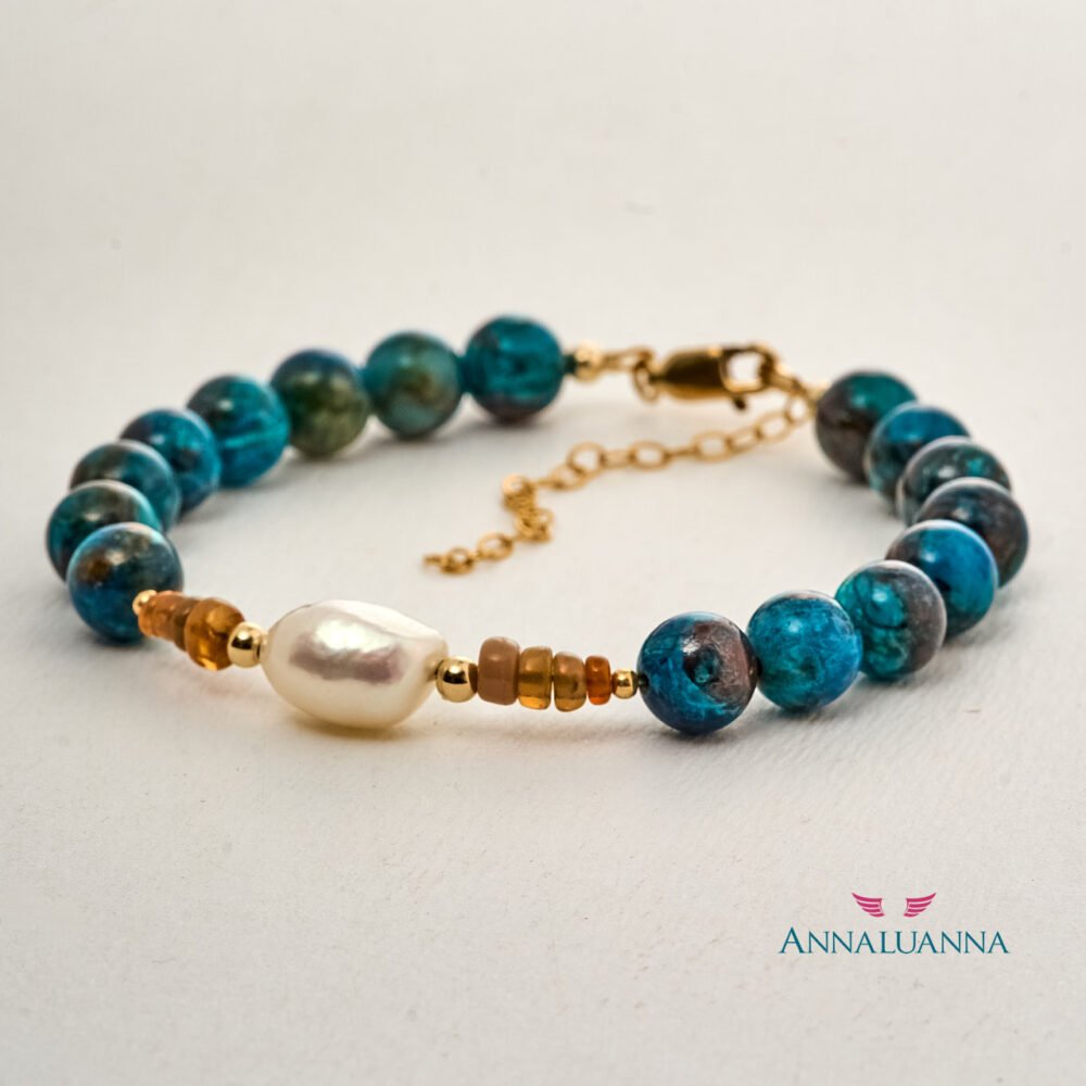 pulsera crisocola peruana con ópalo de fuego y perla cultivada con gold filled 14K