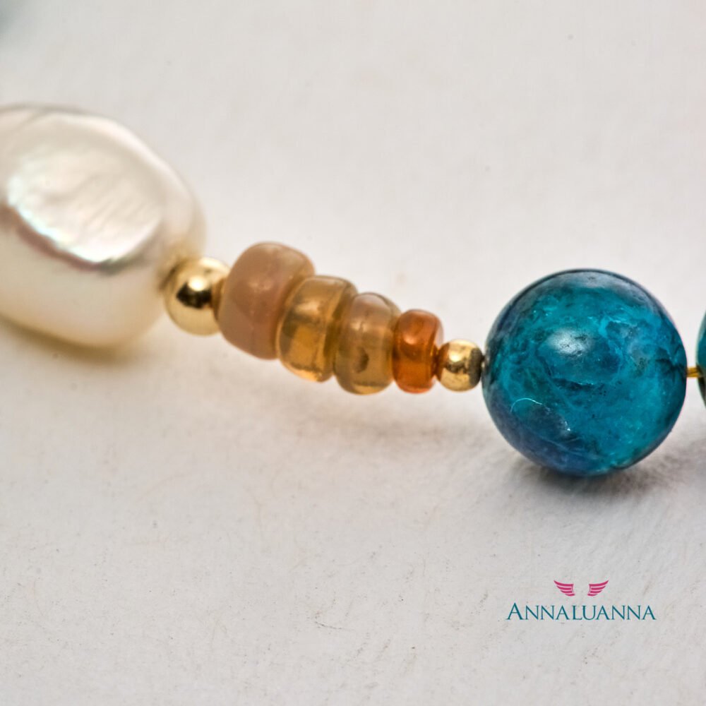 pulsera crisocola peruana con ópalo de fuego y perla cultivada con gold filled 14K
