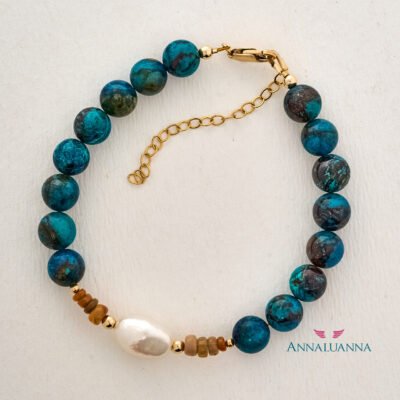 pulsera crisocola peruana con ópalo de fuego y perla cultivada con gold filled 14K