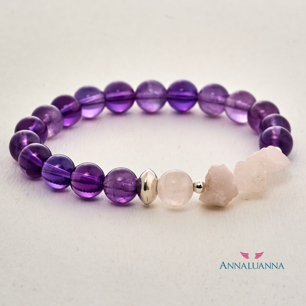 pulsera elástica con amatista y cuarzo rosado