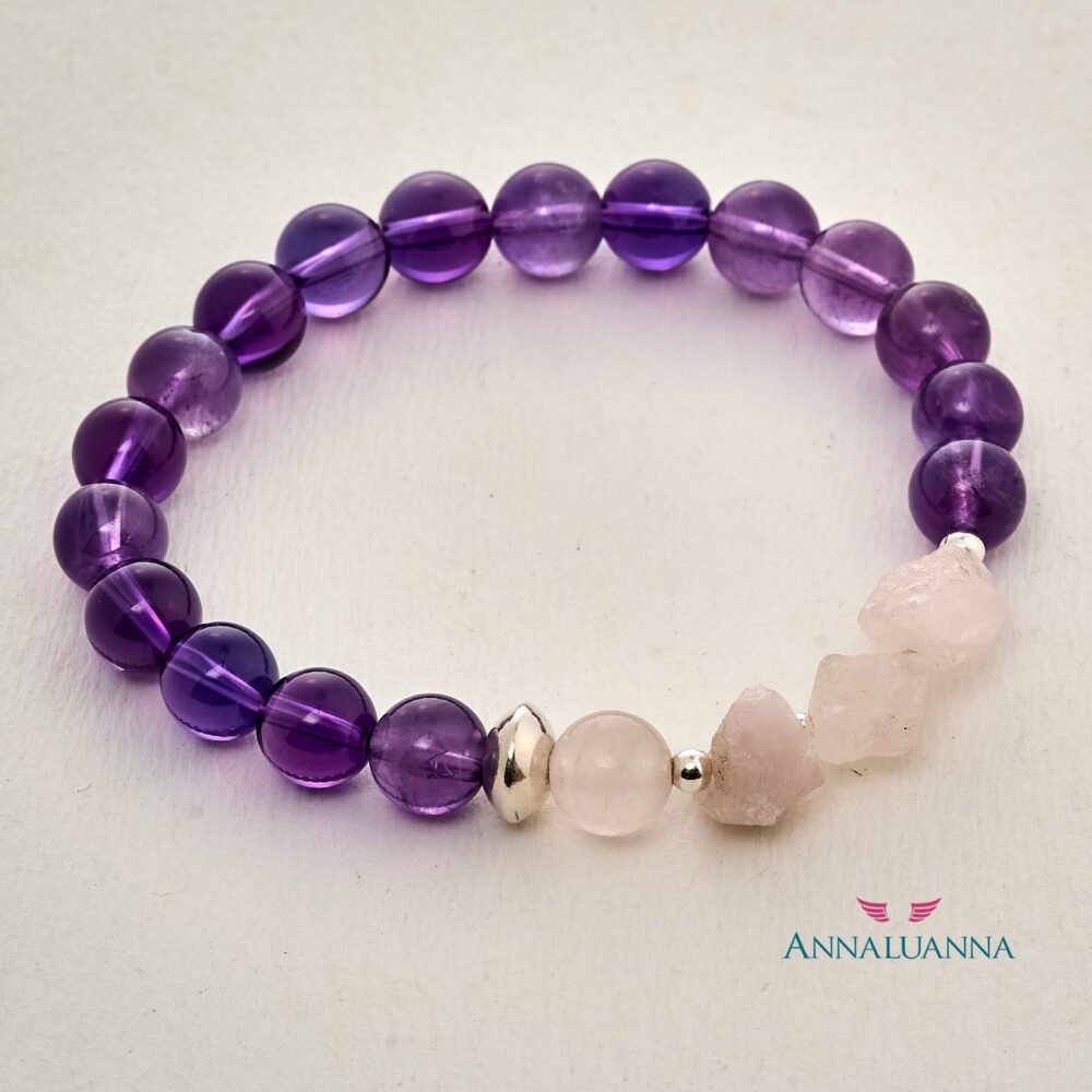 pulsera elástica con amatista y cuarzo rosado