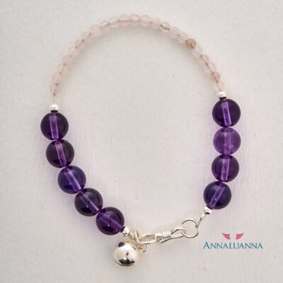 pulsera con cuarzo rosado y amatista, mini llamador de ángeles plata 925