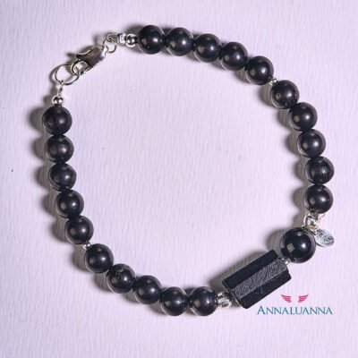 pulsera protectora con shunguita y turmalina negra, hecha a mano con plata 925
