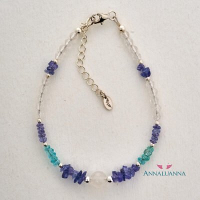 pulsera aura con cuarzo cristal, piedra luna, tanzanita y apatita con plata 925