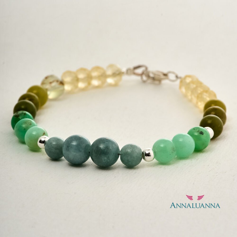 pulsera con citrino, topacio amarillo, jade y crisopasa hecho a mano en plata 925