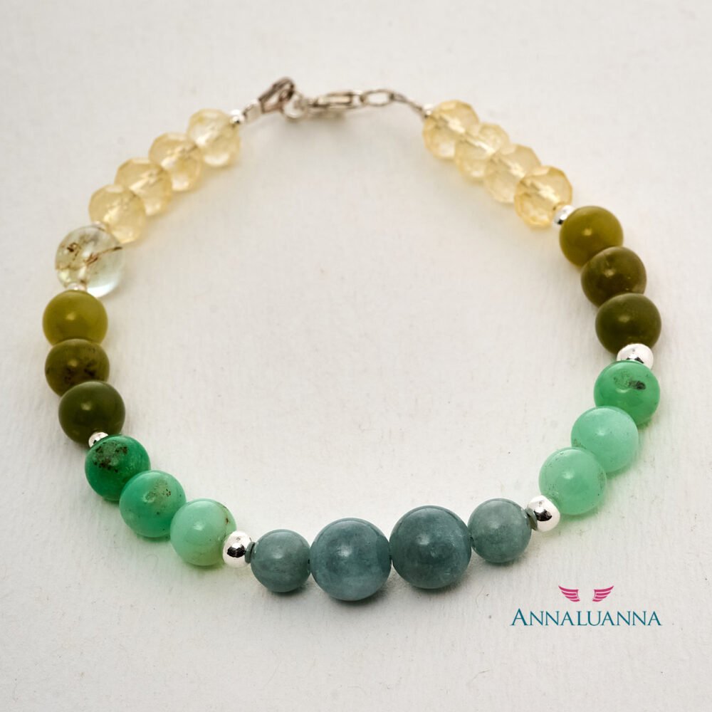 pulsera con citrino, topacio amarillo, jade y crisopasa hecho a mano en plata 925